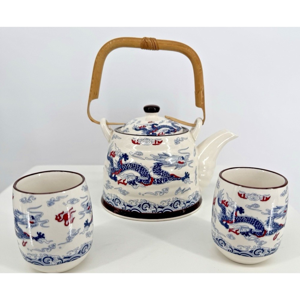 Teapot Set Chinese Dragon Teapot Tea Set w Metal Infuser Bamboo Carry Handle